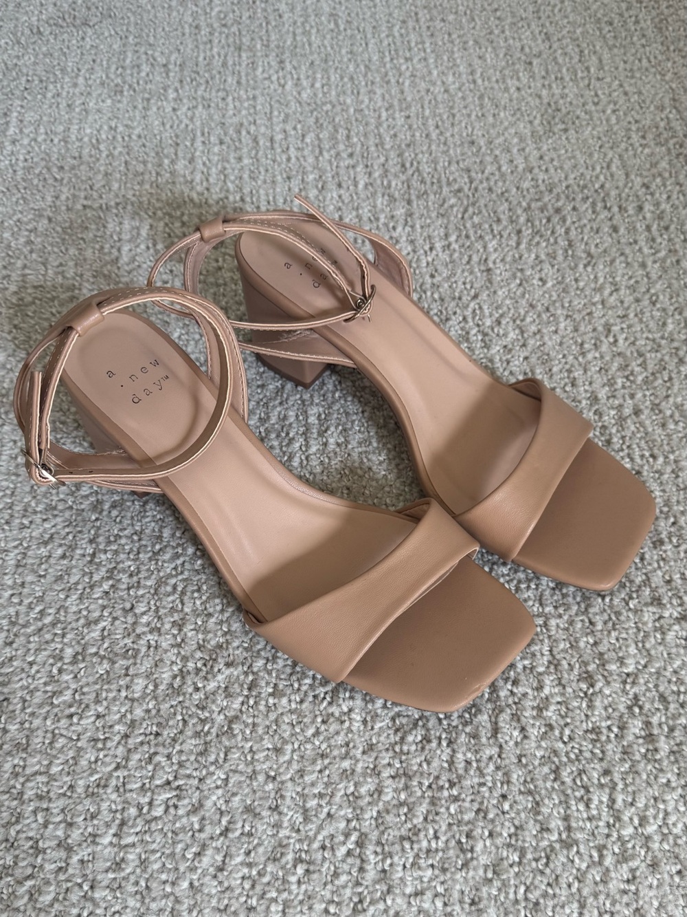A NEW DAY Tan Square-Toe Block Heel Sandals with Ankle Strap 6.5